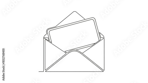 Minimalist single line drawing of an open envelope with a blank card peeking out symbolizing communication and correspondence