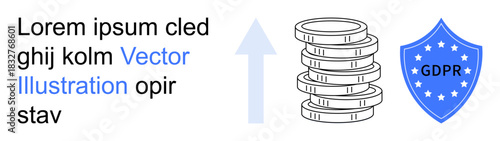 Data protection, GDPR compliance, online privacy, information security, digital economy, secure transactions. A shield labeled GDPR and stack of coins with an upward arrow. GDPR compliance