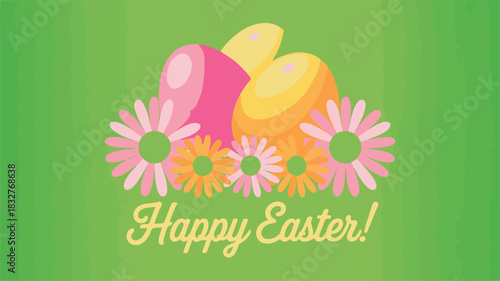 A colorful vector graphic celebrating the Easter holiday with stylized eggs and simple geometric flowers. This festive greeting card features a Happy Easter message