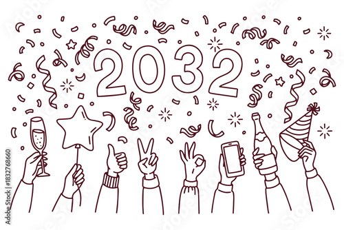 Celebration of 2032 New Year with friends raising glasses and having fun. Outline illustration of party crowd hands with confetti and numbers.