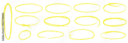 Hand drawn red crayon ovals and circles. Ellipses pencil doodle style set. Red round rough thin frames. Round freehand shapes, emphasis highlights. Vector elements for hand drawn diagrams Grunge round