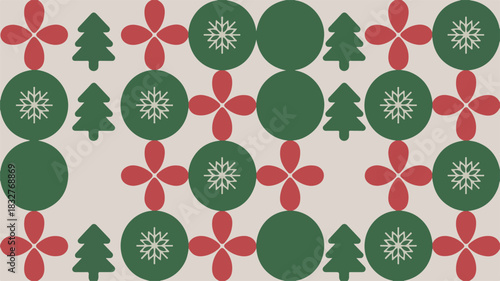 A minimalist geometric Christmas pattern with stylized trees, snowflakes, and festive shapes