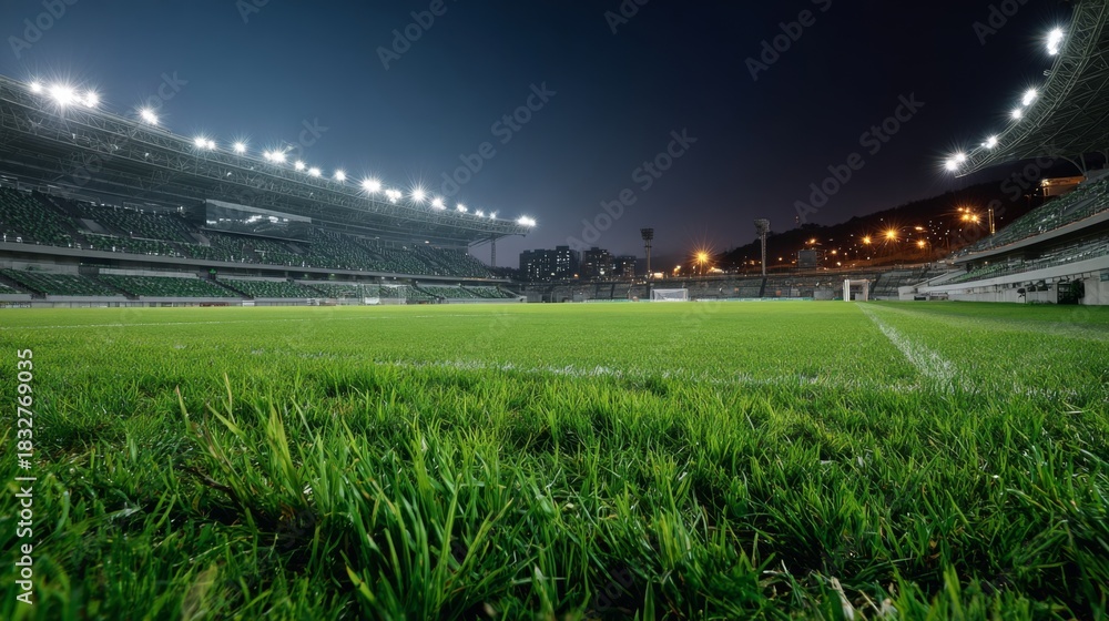 Fototapeta premium Empty illuminated football stadium pitch with close up green grass blades under dark sky