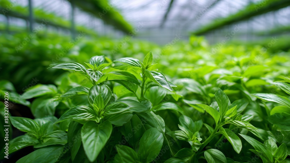 Fototapeta premium Thai basil in an airy minimal greenhouse, lifted aroma vibe, brilliant green tones, cinematic macro clarity