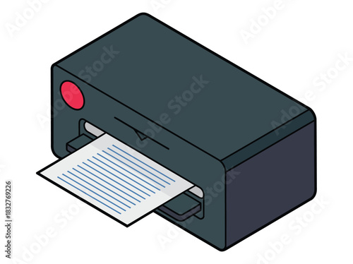 A printer outputs a document with lines of text.