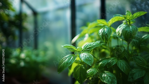Thai basil in an airy minimal greenhouse, lifted aroma vibe, brilliant green tones, cinematic macro clarity