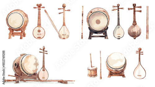 A detailed set of traditional drums and string instruments illustrated in warm tones, showcasing handcrafted musical elements suitable for cultural, folk, and acoustic themes.