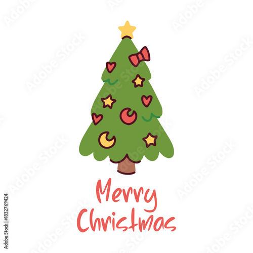 Festive spruce tree adorned with yellow stars and moon ornaments. New Year greeting card design with text and traditional evergreen symbol on white.
