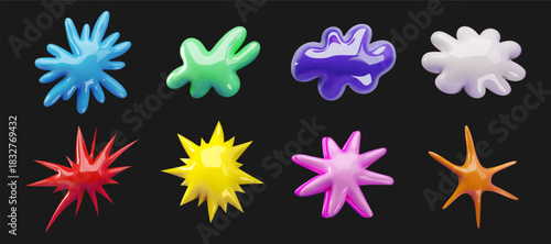 A set of colorful 3D glossy abstract shapes resembling a cloud, explosion, abstract star, blob, and spiky ball.