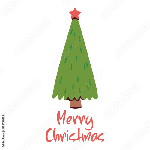 Clean holiday design featuring plain fir tree with single star on top. Simple New Year poster with green spruce and greeting text on white background.