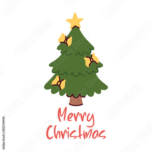 Festive green pine tree adorned with ribbon bows. Merry Christmas postcard design featuring decorated evergreen and holiday typography for winter season.