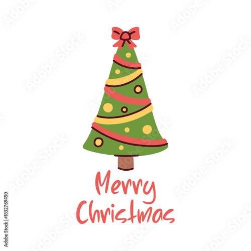 Decorated fir tree with colorful ribbon garlands winding around it. New Year greeting illustration with festive evergreen and text for holiday invite.