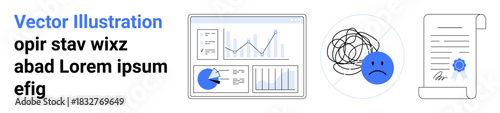 Data charts, graphs on a screen, emotional face with tangled lines, signed document with seal. Ideal for analytics, decision-making, emotions, agreement, research mental health simple landing page