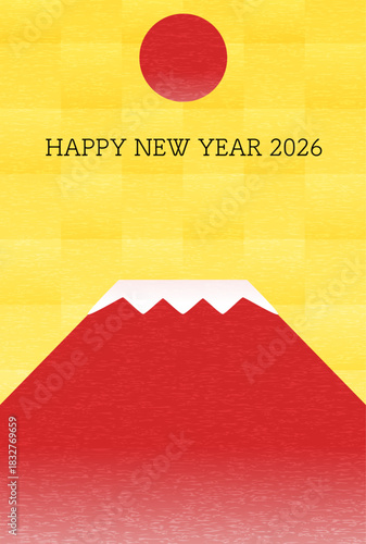 2026年午年の年賀状、赤富士と初日の出