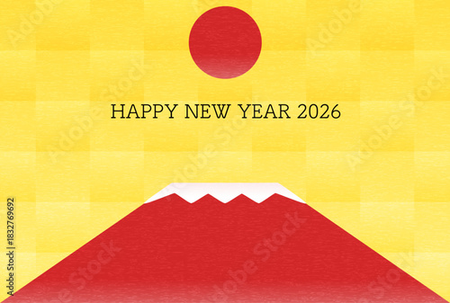 2026年午年の年賀状、赤富士と初日の出