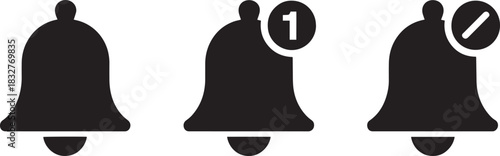 Black silhouette icons of notification bell with number one badge and muted notification