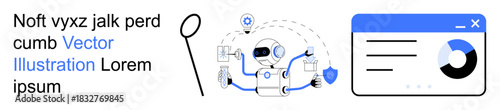 Artificial intelligence, data analysis, technology, automation, robotics, innovation. Robot processing data with dashboard and interconnected icons. Artificial intelligence and data analysis concept