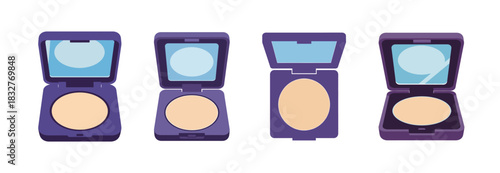 Four compact powder makeup products with mirrors and purple cases displayed in a row on a white background.