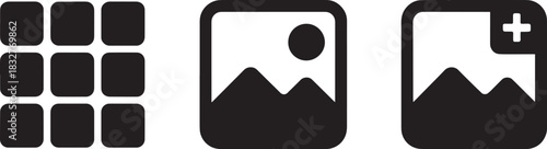 Black silhouette icons of nine grid squares image gallery and add new photo file symbol