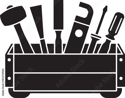Carpenter hand tools in a wooden toolbox vector illustration black silhouette isolated equipment