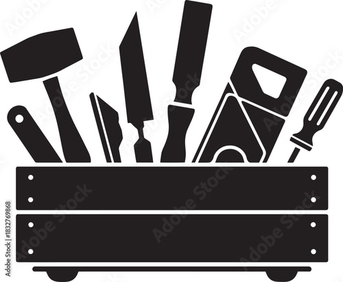 Carpenter tools in a wooden toolbox vector illustration black silhouette isolated construction