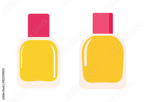 Two flat vector illustrations of cosmetic bottles with yellow liquid and pink caps, isolated on a white background.