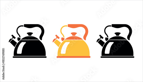 Three stylized kettle icons one yellow and orange two black on white background teapot hot drink
