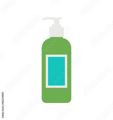 A green pump bottle with a teal label on a white background.