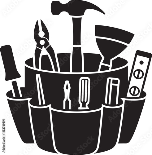 Construction and home repair implements organized neatly in canvas tool caddy simple vector icon illustration design.