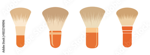 Four makeup brushes with orange handles and light brown bristles, arranged horizontally.