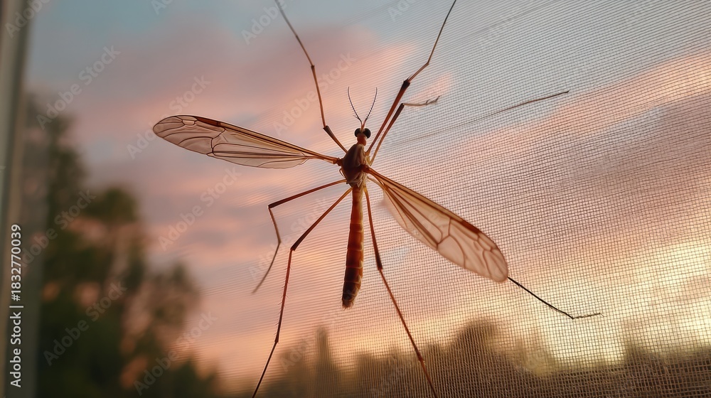 Naklejka premium A graceful crane fly pauses on a window screen, softly illuminated by the fading light of dusk. Its delicate wings and slender body contrast beautifully with the evening sky