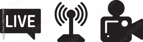 Live video streaming broadcast icons set for internet content creator and media production