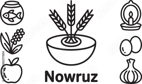 Nowruz spring festival outline icons set featuring haft sin table elements and symbols