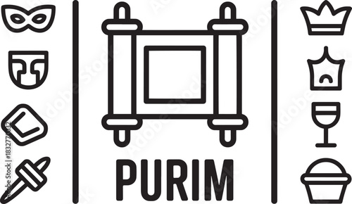 Purim jewish holiday outline icons set featuring megillah scroll and carnival symbols