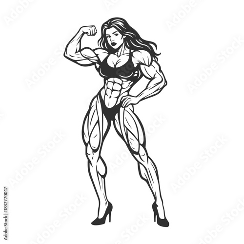 Muscular Female Bodybuilder Posing in Line Art Style