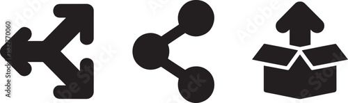 Three black vector icons on a transparent background illustrating a split arrow share button and upload