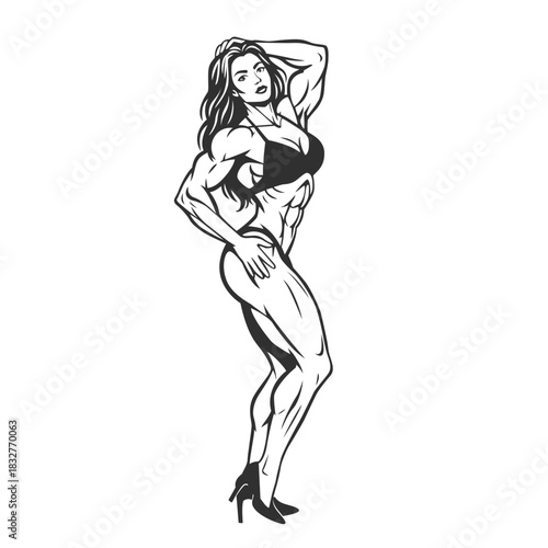 Muscular Female Bodybuilder Posing in Line Art Style