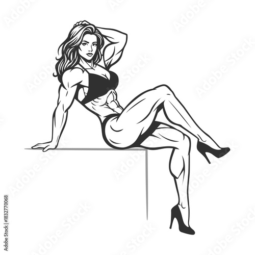 Muscular Female Bodybuilder Posing in Line Art Style