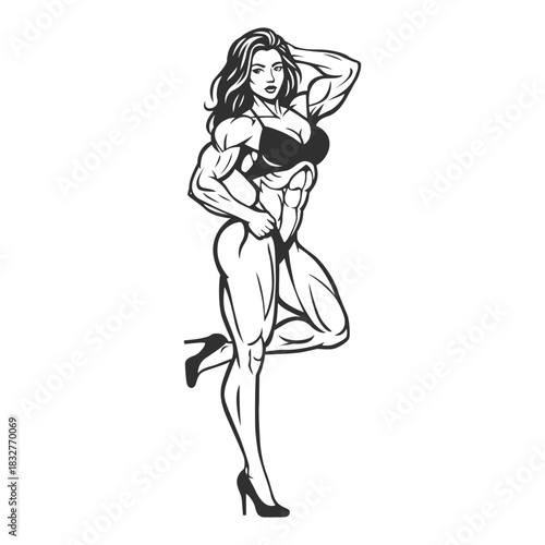 Muscular Female Bodybuilder Posing in Line Art Style