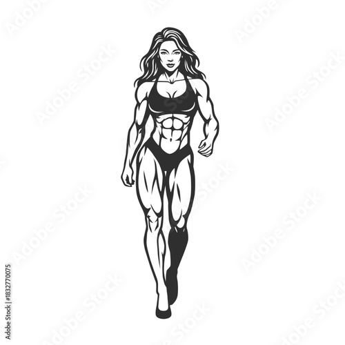 Muscular Female Bodybuilder Posing in Line Art Style