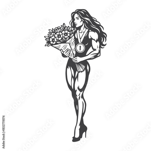 Muscular Female Bodybuilder Posing in Line Art Style