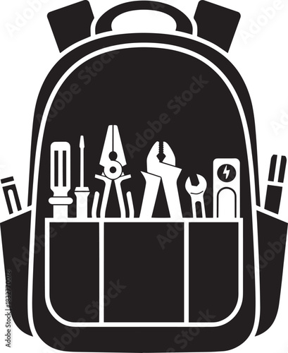 Technician service worker backpack containing multiple compartments filled with essential professional tools.