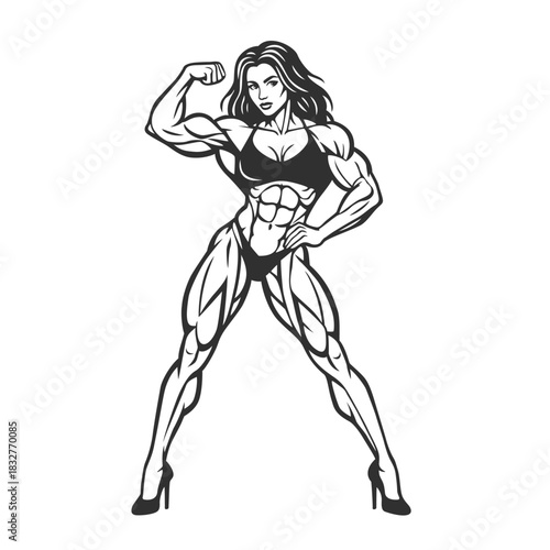 Muscular Female Bodybuilder Posing in Line Art Style