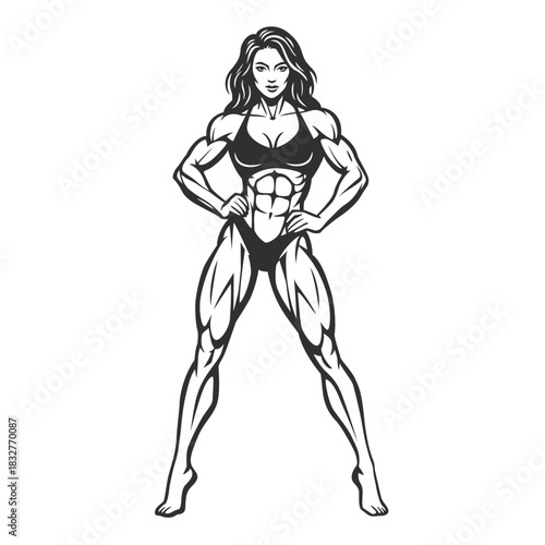 Muscular Female Bodybuilder Posing in Line Art Style