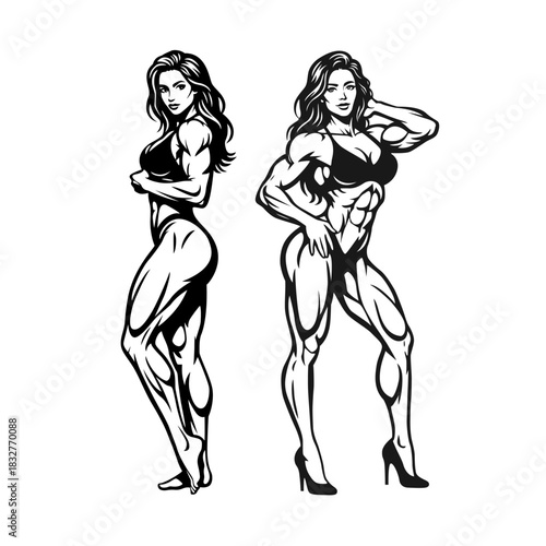 Muscular Female Bodybuilder Posing in Line Art Style