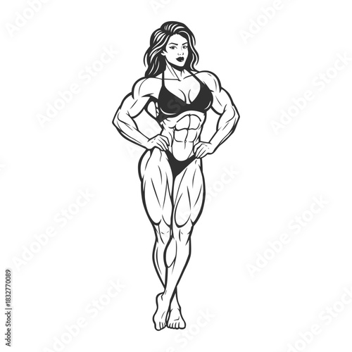 Muscular Female Bodybuilder Posing in Line Art Style
