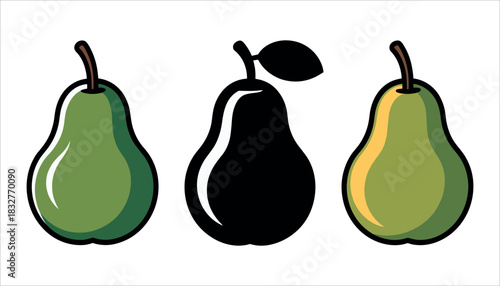 Three stylized pears one black silhouette two green and yellow fruit food