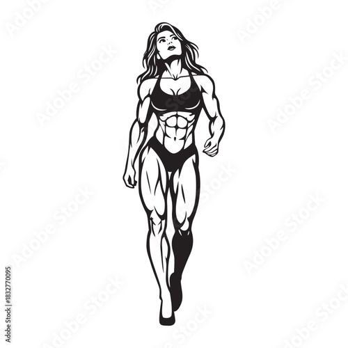 Muscular Female Bodybuilder Posing in Line Art Style
