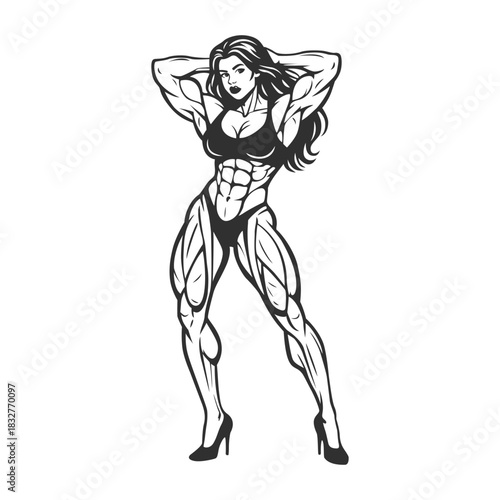 Muscular Female Bodybuilder Posing in Line Art Style