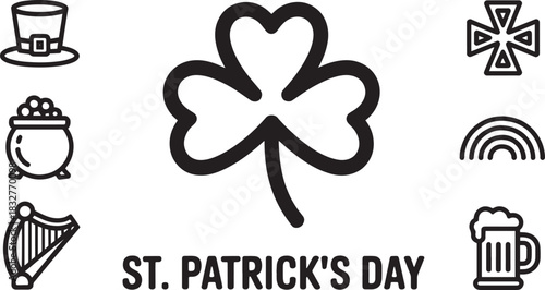 St patricks day icons set vector outline collection clover hat pot gold rainbow beer harp cross